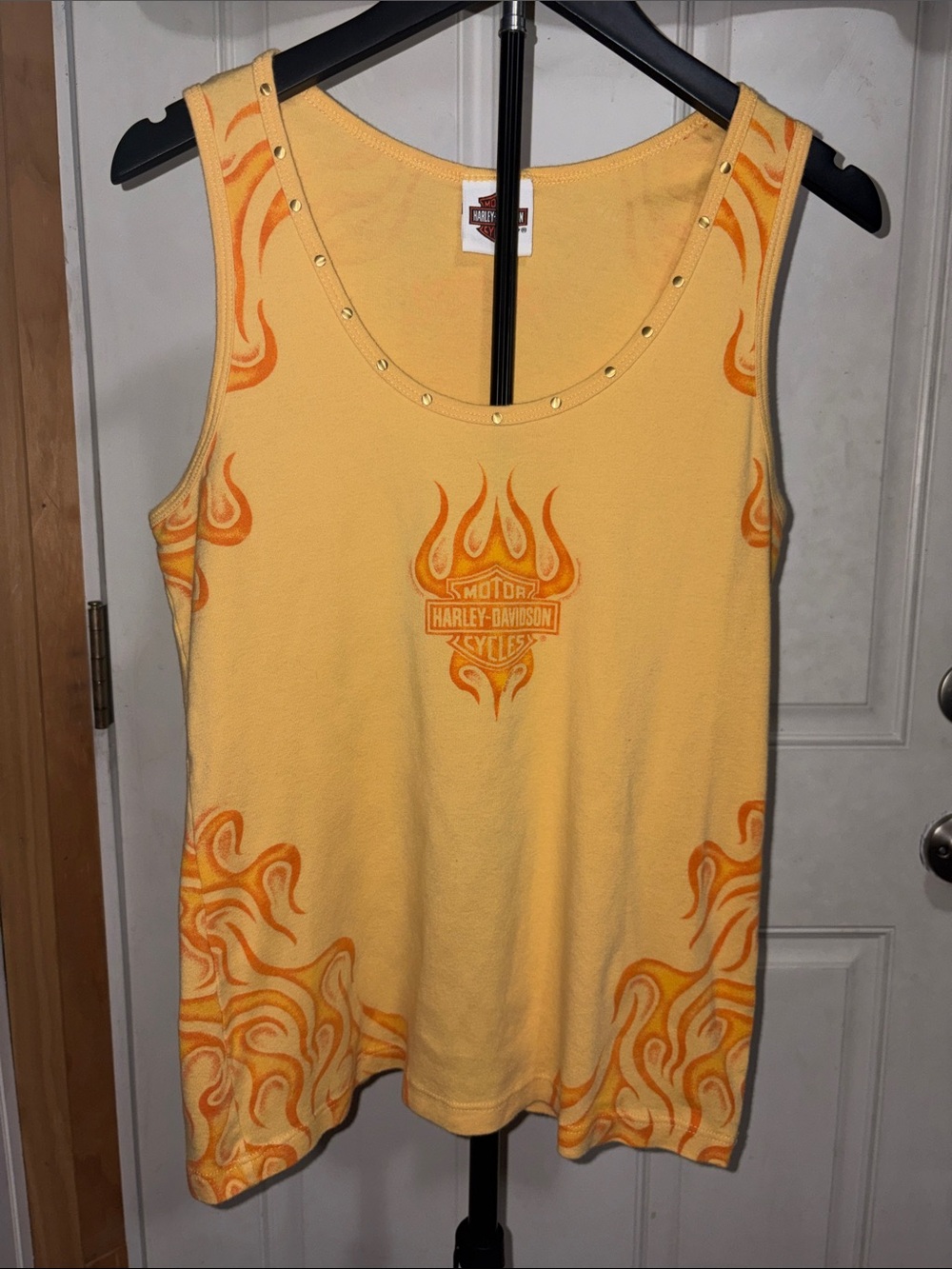 Vintage 1990s Harley Davidson Yellow Flame Tank Top with Gems